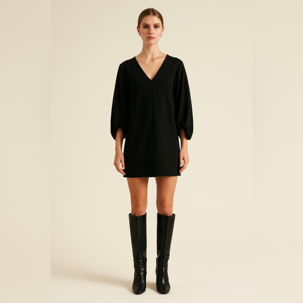 Tibi Black Crepe Shift Dress 3/4 Cinched Sleeves size 4